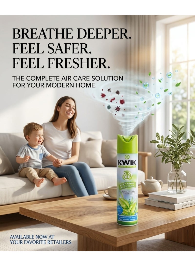 Kwik Antiseptic Air Sanitizer & Disinfectant Spray 300ml Kills 99.9% of Bacteria & Viruses Eliminates Odors Fresh Green Scent - Image 2