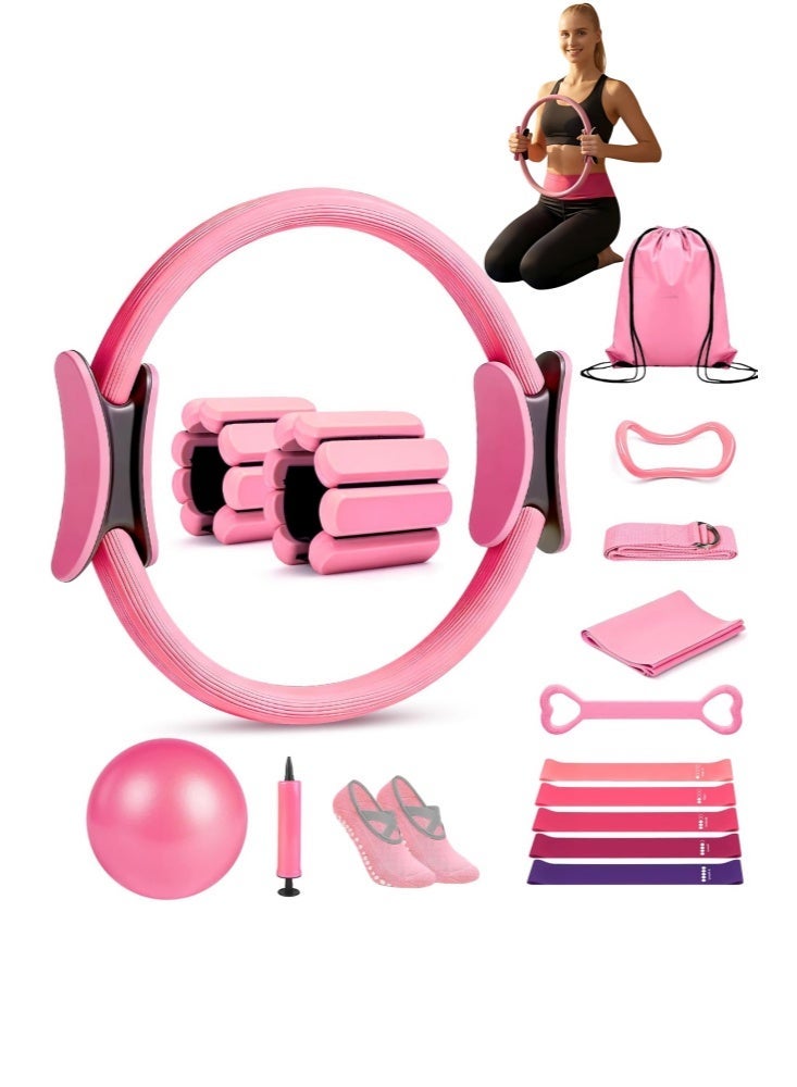 WALALLA 15 PCS Pilates Set for Women with Pilates Ring, Resistance Bands, Pilates Ball, Ankle Weights, Figure 8 Band, Yoga Strap, Non Slip Socks, Home Workout Yoga Fitness Kit Pink - Image 2