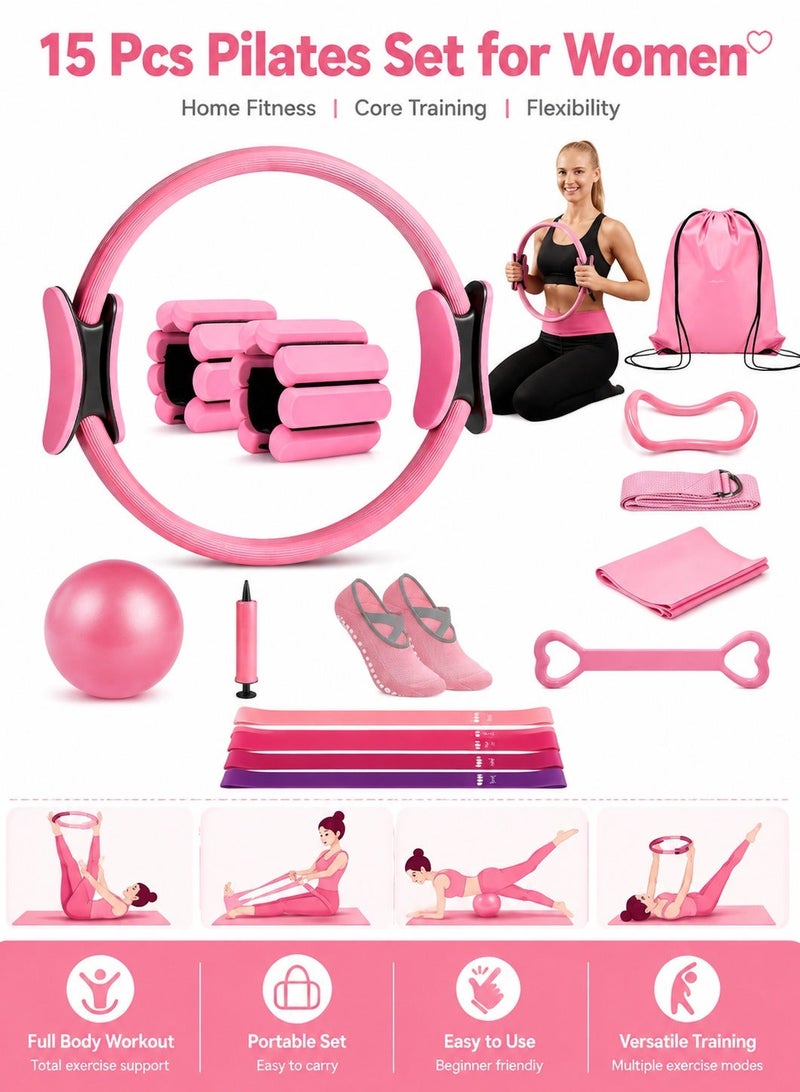 WALALLA 15 PCS Pilates Set for Women with Pilates Ring, Resistance Bands, Pilates Ball, Ankle Weights, Figure 8 Band, Yoga Strap, Non Slip Socks, Home Workout Yoga Fitness Kit Pink - Image 1