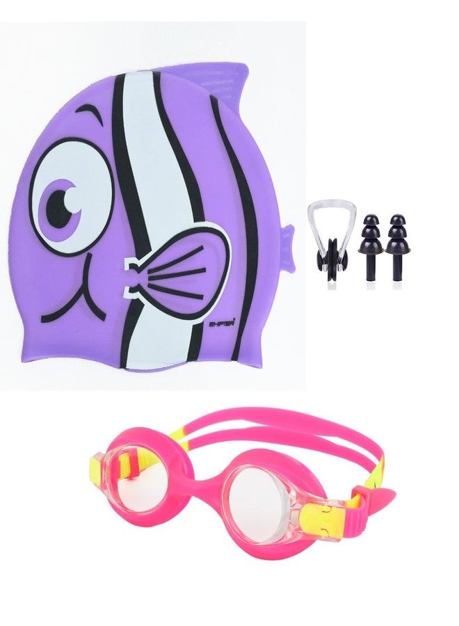 SHIFTER Kids Swimming Combo Set KIT Fish Shape Cap with Premium Anti Fog Swimming Goggle, EARPLUGS Set & NOSEPLUG for Boys and Girls Junior Size (Purple) - Image 1