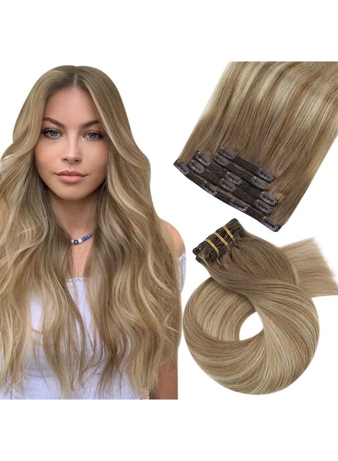 Moresoo Clip in Hair Extensions Real Human Hair Balayage Clip in Extensions Light Brown Highlight with Blonde Human Hair Lace Double Weft Hair Extensions Clip in Remy Hair Extensions 14inch 5pcs 70g - Image 1