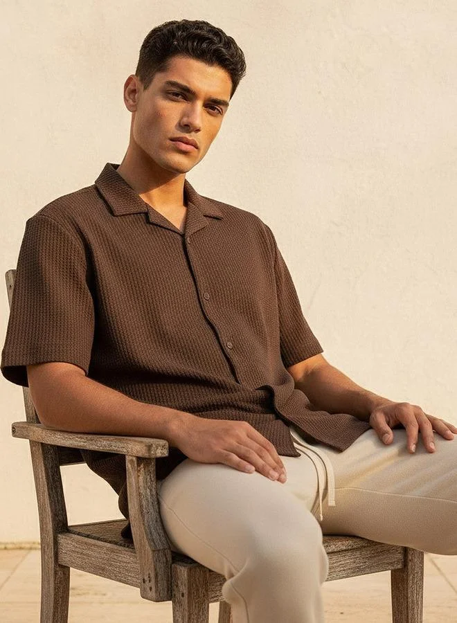 Iconic BROWN Iconic Regular Fit Camp Collar Textured Short Sleeves Shirt for Men | Best Price UAE