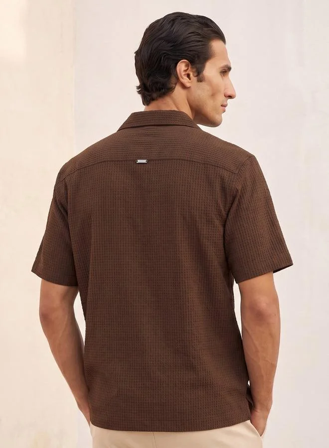 Iconic BROWN Iconic Regular Fit Camp Collar Textured Short Sleeves Shirt for Men | Best Price UAE