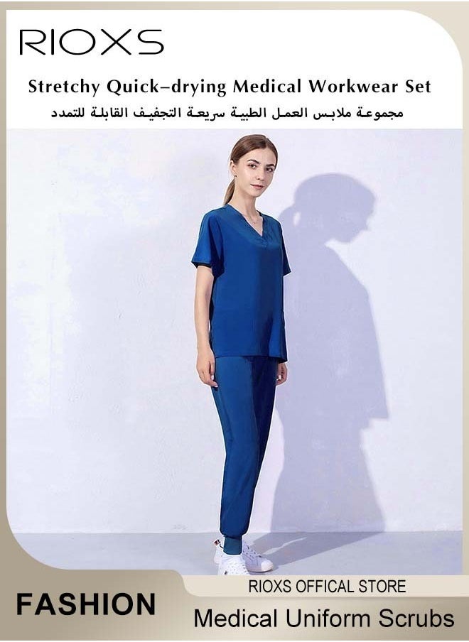 RIOXS Unisex Scrub Medical Uniform, Women And Men Scrubs Set, Short Sleeve Top And Pants, Medical Scrubs Coat Scrubs Pant For Dental Laboratory  - Image 3