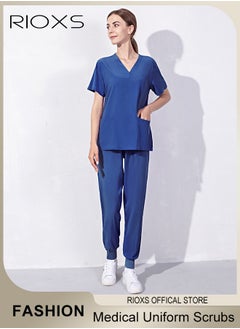 RIOXS Unisex Scrub Medical Uniform, Women And Men Scrubs Set, Short Sleeve Top And Pants, Medical Scrubs Coat Scrubs Pant For Dental Laboratory  - Image 2
