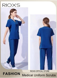RIOXS Unisex Scrub Medical Uniform, Women And Men Scrubs Set, Short Sleeve Top And Pants, Medical Scrubs Coat Scrubs Pant For Dental Laboratory  - Image 1