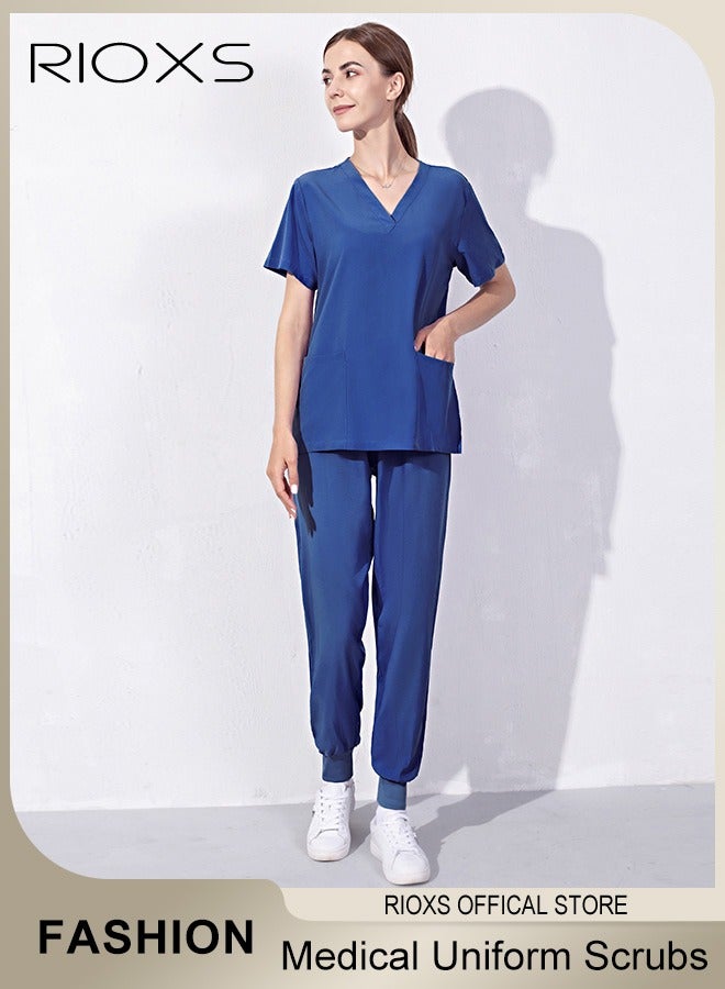 RIOXS Unisex Scrub Medical Uniform, Women And Men Scrubs Set, Short Sleeve Top And Pants, Medical Scrubs Coat Scrubs Pant For Dental Laboratory, Blue V-neck Medical Uniform, Hospital Nurse Scrubs Set, Dentist Clinic Uniform Unisex, Pharmacy Technician Workwear - Image 1