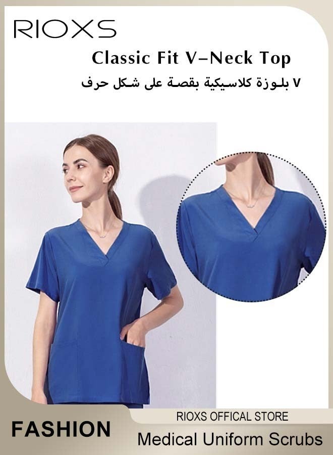 RIOXS Unisex Scrub Medical Uniform, Women And Men Scrubs Set, Short Sleeve Top And Pants, Medical Scrubs Coat Scrubs Pant For Dental Laboratory, Blue V-neck Medical Uniform, Hospital Nurse Scrubs Set, Dentist Clinic Uniform Unisex, Pharmacy Technician Workwear - Image 2
