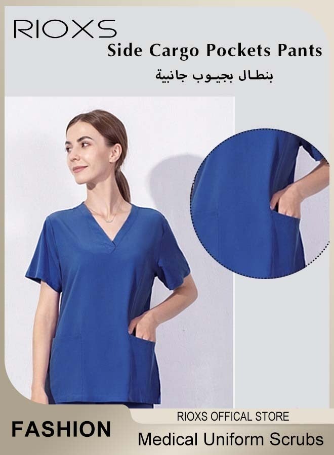 RIOXS Unisex Scrub Medical Uniform, Women And Men Scrubs Set, Short Sleeve Top And Pants, Medical Scrubs Coat Scrubs Pant For Dental Laboratory, Blue V-neck Medical Uniform, Hospital Nurse Scrubs Set, Dentist Clinic Uniform Unisex, Pharmacy Technician Workwear - Image 3