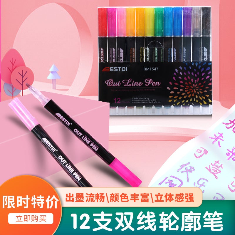 Punctuation RM-1547 Double Line Outline Pen Set – 12 Colors for Hand-Painted Cards - Image 2