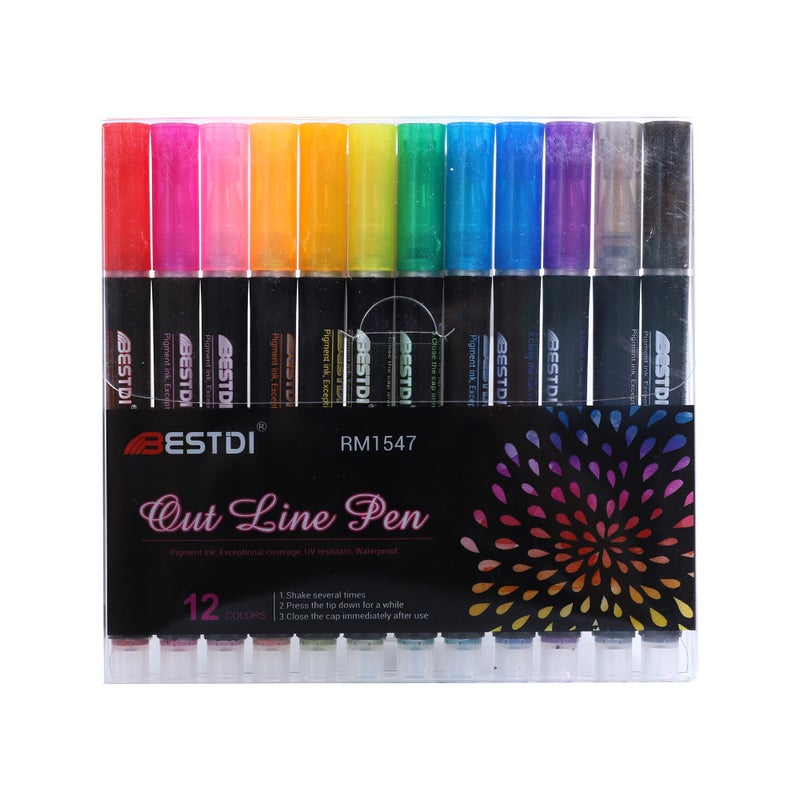 Punctuation RM-1547 Double Line Outline Pen Set – 12 Colors for Hand-Painted Cards - Image 1