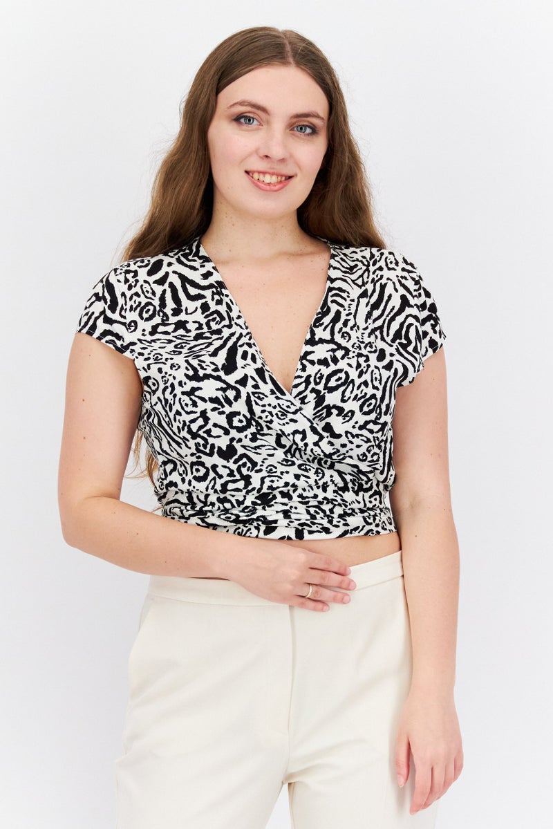 Etam Women Split Neck Cap Sleeve Allover Print Top, Black - Image 1
