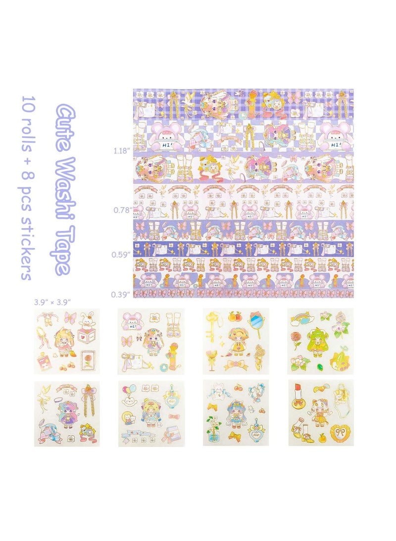 KASTWAVE 10Pcs Cute Washi Tape Set, 10 Rolls + 8 PCS Stickers, Kawaii Gold Foil Decorative Masking Tape Sets, Writable Decorative Tapes, for Scrapbook Kids DIY Crafts Gift Wrapping Bullet Journals, Pink - Image 2
