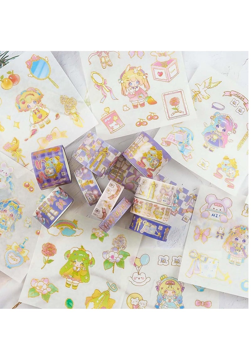 KASTWAVE 10Pcs Cute Washi Tape Set, 10 Rolls + 8 PCS Stickers, Kawaii Gold Foil Decorative Masking Tape Sets, Writable Decorative Tapes, for Scrapbook Kids DIY Crafts Gift Wrapping Bullet Journals, Pink - Image 3