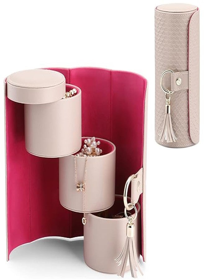 SIBY Travel Jewelry Organizer Roll – 3-Layer PU Leather Storage Box with Tassel Keyring, Compact & Stylish Design (Pink Interior) - Image 1