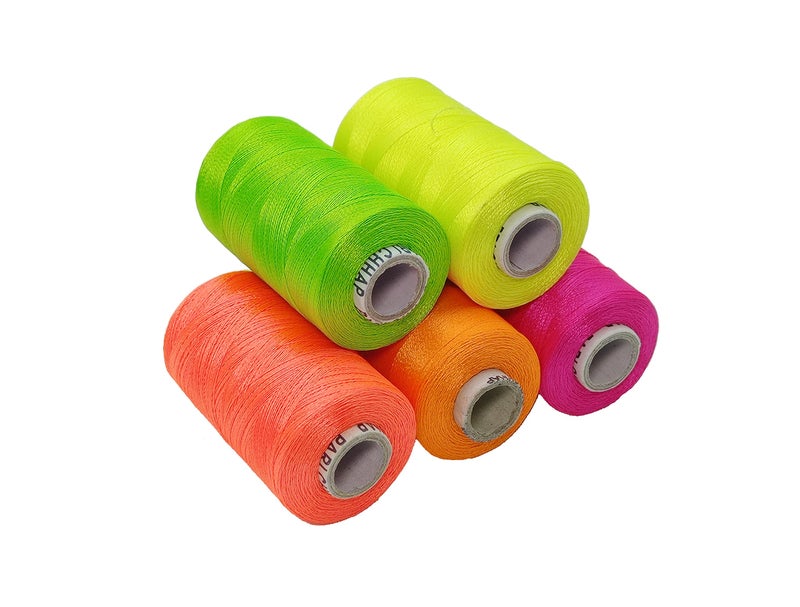 PRANSUNITA Fluorescent Neon Shade Hand & Machine Embroidery Silk Shiny Thread - for Jewelry Designing, Embroidery, DIY, Tassel Making -300 MTS Each - Fast Color- 5 pcs Multicolor - Image 1