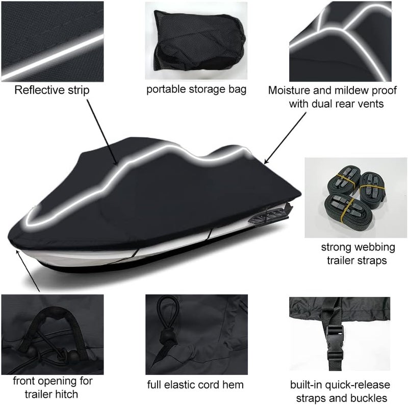 zenicham Upgraded Fade and Crack Resistant Trailerable Jet Ski Cover with Reflective Strips - Fits 126"-135" (3 Seater) - Image 2