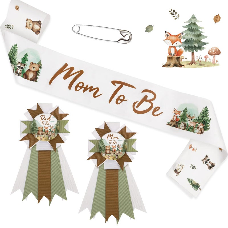 Caisehabu Woodland Baby Shower Decorations Mom to Be Sash Dad to Be Corsage Set Neutral Mommy to Be Sash Baby Shower Sash Set for Pregnant Mommy Gift Party Decorations - Image 2