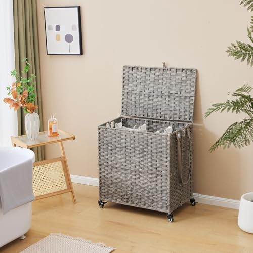 Hiagnete Laundry Hamper with Wheels, 39.6 Gallon(150L) Rolling Laundry Basket with Lid, 3-Section Rattan Clothes Hamper with 3 Removable Liner & 3 Mesh Bags, Laundry Sorter with Side Pocket, Grey - Image 3
