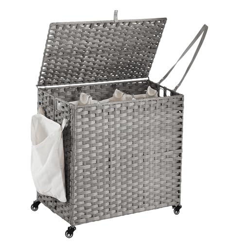 Hiagnete Laundry Hamper with Wheels, 39.6 Gallon(150L) Rolling Laundry Basket with Lid, 3-Section Rattan Clothes Hamper with 3 Removable Liner & 3 Mesh Bags, Laundry Sorter with Side Pocket, Grey - Image 1