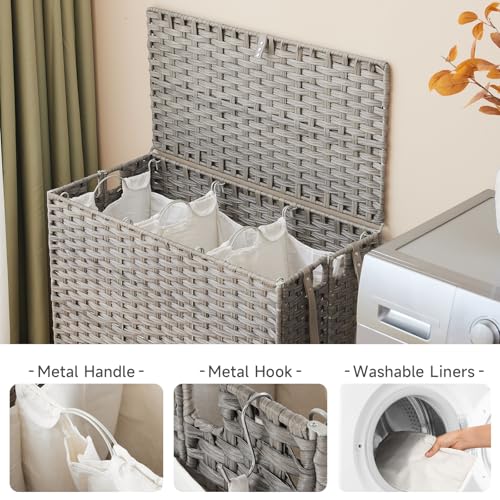 Hiagnete Laundry Hamper with Wheels, 39.6 Gallon(150L) Rolling Laundry Basket with Lid, 3-Section Rattan Clothes Hamper with 3 Removable Liner & 3 Mesh Bags, Laundry Sorter with Side Pocket, Grey - Image 5