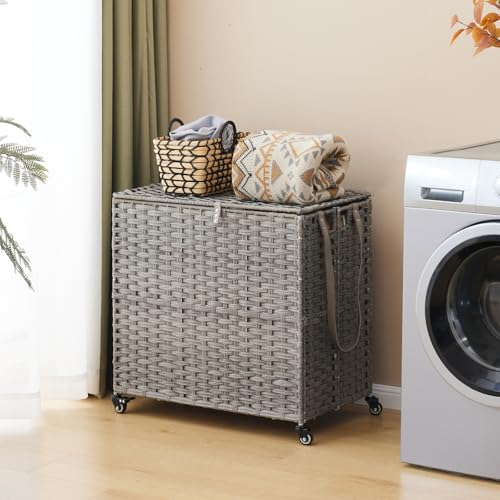 Hiagnete Laundry Hamper with Wheels, 39.6 Gallon(150L) Rolling Laundry Basket with Lid, 3-Section Rattan Clothes Hamper with 3 Removable Liner & 3 Mesh Bags, Laundry Sorter with Side Pocket, Grey - Image 2