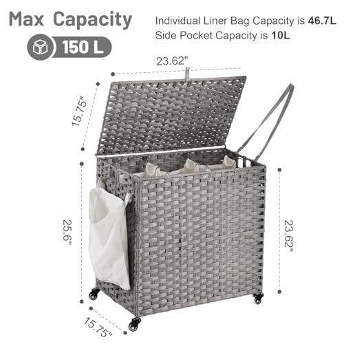 Hiagnete Laundry Hamper with Wheels, 39.6 Gallon(150L) Rolling Laundry Basket with Lid, 3-Section Rattan Clothes Hamper with 3 Removable Liner & 3 Mesh Bags, Laundry Sorter with Side Pocket, Grey - Image 4