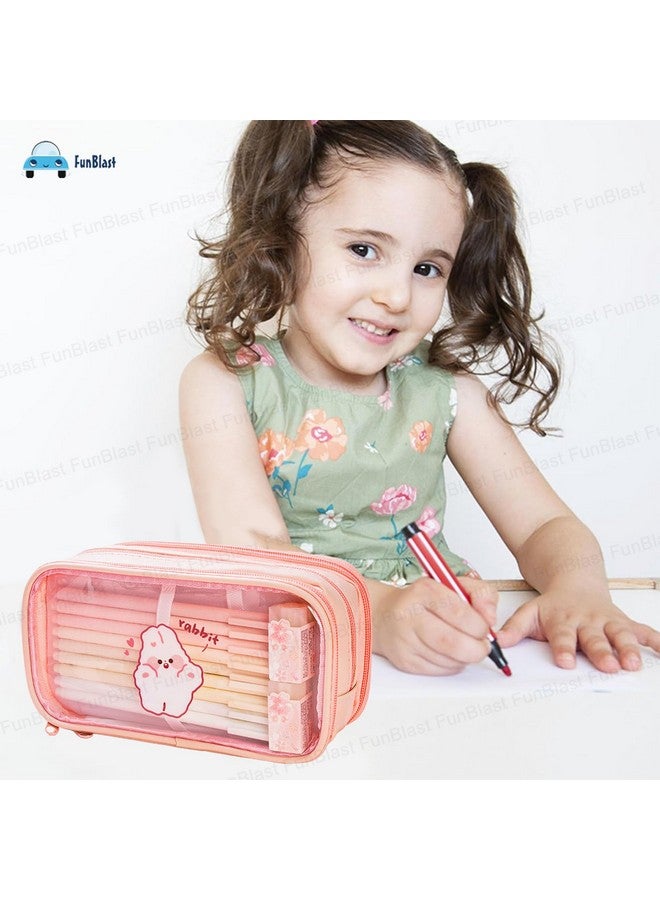 فنبلاست حقيبة أقلام FunBlast كبيرة السعة، حقيبة أقلام شفافة مكونة من 3 أقسام مع إغلاق بسحاب، حقيبة مكياج محمولة، حقيبة جمالية، حقيبة قرطاسية لطيفة للطلاب والفتيات والبالغين والمكاتب (لون الخوخ) - Image 5
