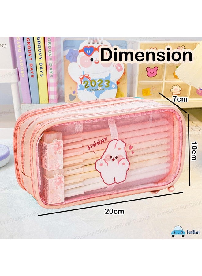 فنبلاست حقيبة أقلام FunBlast كبيرة السعة، حقيبة أقلام شفافة مكونة من 3 أقسام مع إغلاق بسحاب، حقيبة مكياج محمولة، حقيبة جمالية، حقيبة قرطاسية لطيفة للطلاب والفتيات والبالغين والمكاتب (لون الخوخ) - Image 3