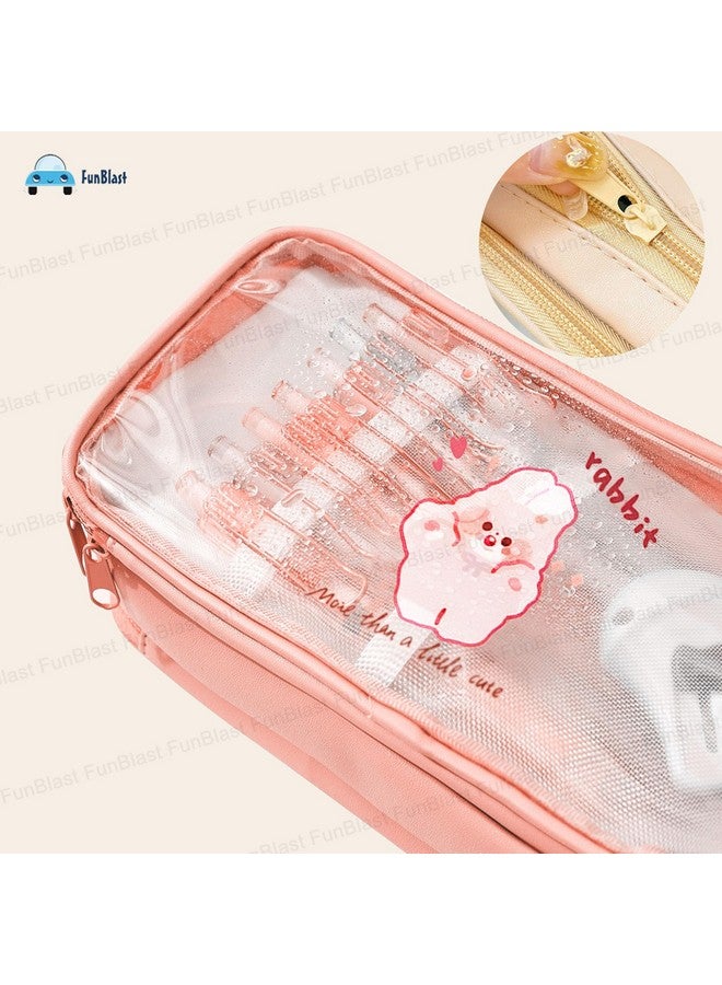 فنبلاست حقيبة أقلام FunBlast كبيرة السعة، حقيبة أقلام شفافة مكونة من 3 أقسام مع إغلاق بسحاب، حقيبة مكياج محمولة، حقيبة جمالية، حقيبة قرطاسية لطيفة للطلاب والفتيات والبالغين والمكاتب (لون الخوخ) - Image 4