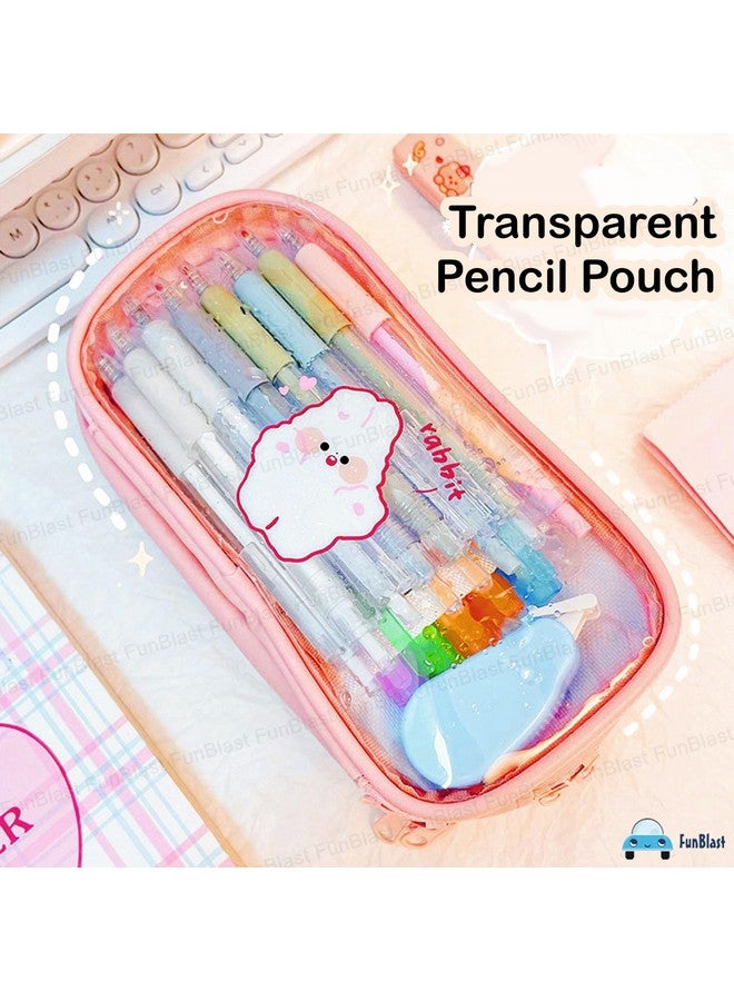 فنبلاست حقيبة أقلام FunBlast كبيرة السعة، حقيبة أقلام شفافة مكونة من 3 أقسام مع إغلاق بسحاب، حقيبة مكياج محمولة، حقيبة جمالية، حقيبة قرطاسية لطيفة للطلاب والفتيات والبالغين والمكاتب (لون الخوخ) - Image 2