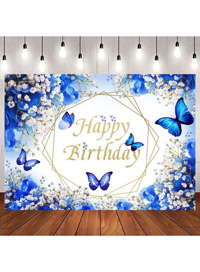 Withu Royal Blue Butterfly Backdrop Happy Birthday Floral Flowers Gypsophila Butterflies Wishes Theme Party Cake Table Party Decor Photography Banner Photo Booth Props 7x5ft - Image 1