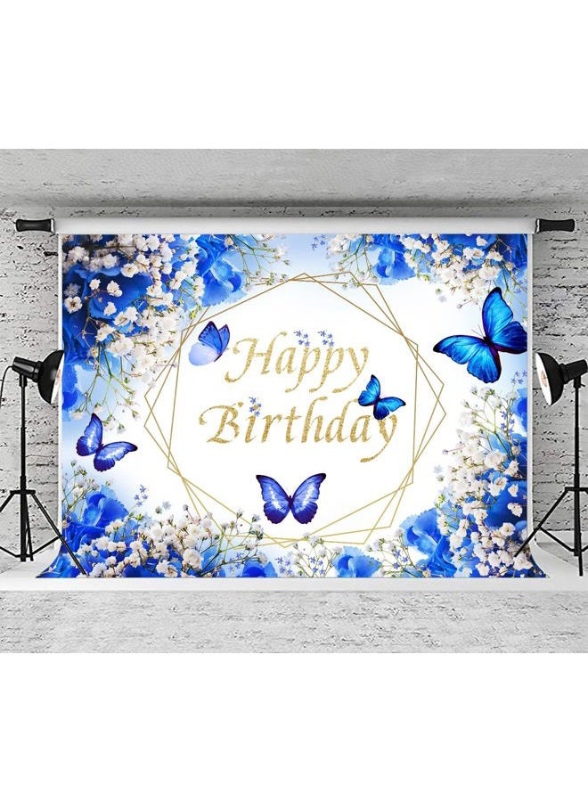 Withu Royal Blue Butterfly Backdrop Happy Birthday Floral Flowers Gypsophila Butterflies Wishes Theme Party Cake Table Party Decor Photography Banner Photo Booth Props 7x5ft - Image 2
