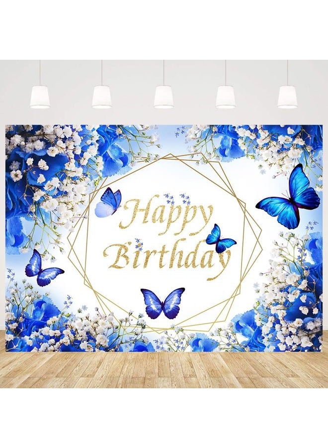 Withu Royal Blue Butterfly Backdrop Happy Birthday Floral Flowers Gypsophila Butterflies Wishes Theme Party Cake Table Party Decor Photography Banner Photo Booth Props 7x5ft - Image 4