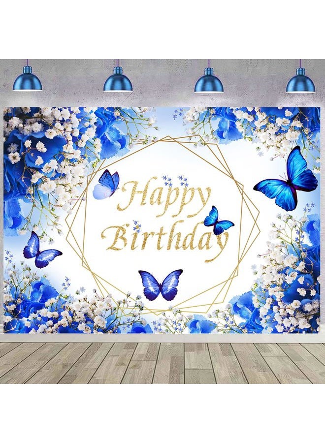 Withu Royal Blue Butterfly Backdrop Happy Birthday Floral Flowers Gypsophila Butterflies Wishes Theme Party Cake Table Party Decor Photography Banner Photo Booth Props 7x5ft - Image 5