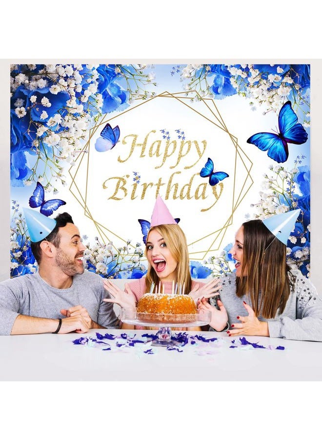 Withu Royal Blue Butterfly Backdrop Happy Birthday Floral Flowers Gypsophila Butterflies Wishes Theme Party Cake Table Party Decor Photography Banner Photo Booth Props 7x5ft - Image 3