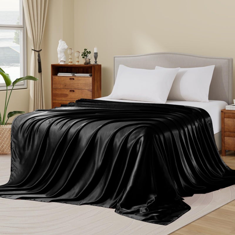 Ersmak Satin Flat Sheet Only  Single Flat Sheet Full  Luxury & Ultra Soft Silky Bedding Top Sheet for Full Mattress - Black - Image 2