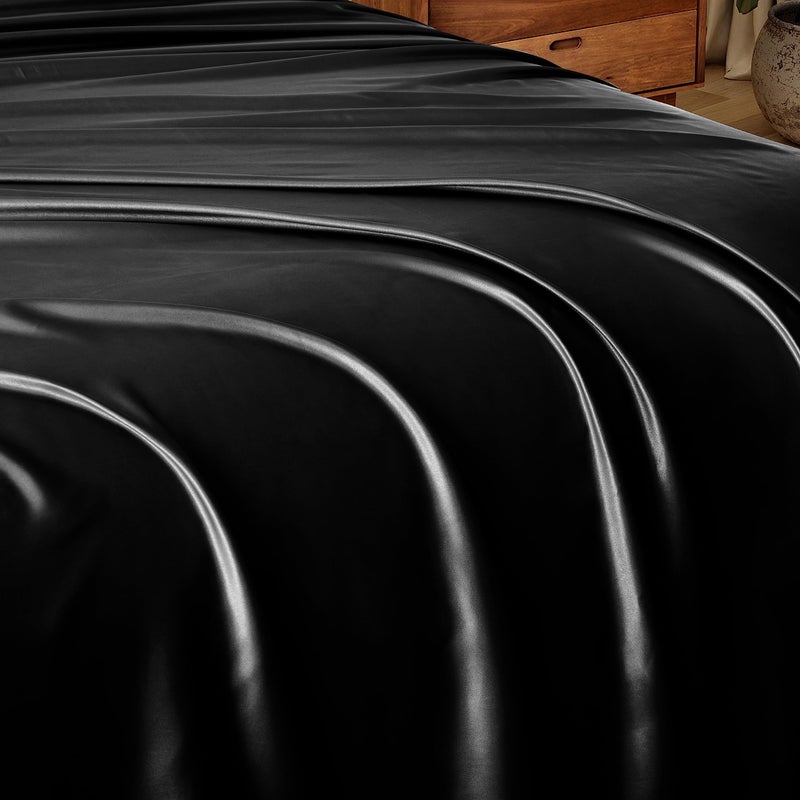 Ersmak Satin Flat Sheet Only  Single Flat Sheet Full  Luxury & Ultra Soft Silky Bedding Top Sheet for Full Mattress - Black - Image 4