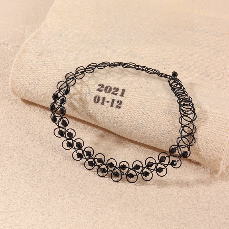 Elastic Adjustable Hollow Choker Necklace Black Glass Beads 