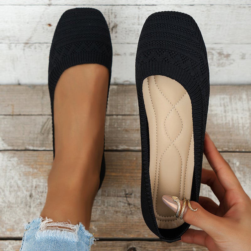Versatile Casual Work Shoes For Women Breathable Fly-Knit Slip-On Soft Sole Large Size Square Toe Lazy Shoes - Image 5