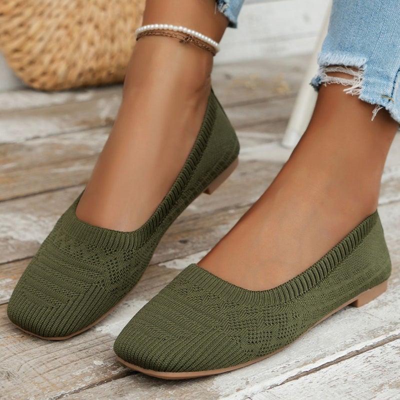 Versatile Casual Work Shoes For Women Breathable Fly-Knit Slip-On Soft Sole Large Size Square Toe Lazy Shoes - Image 3