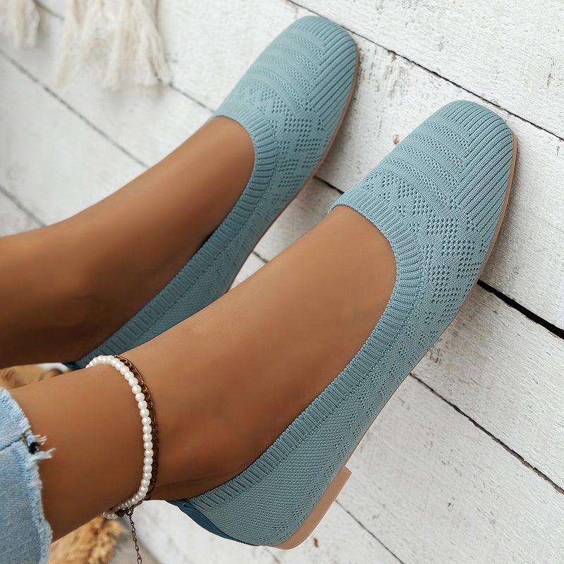 Versatile Casual Work Shoes For Women Breathable Fly-Knit Slip-On Soft Sole Large Size Square Toe Lazy Shoes - Image 4