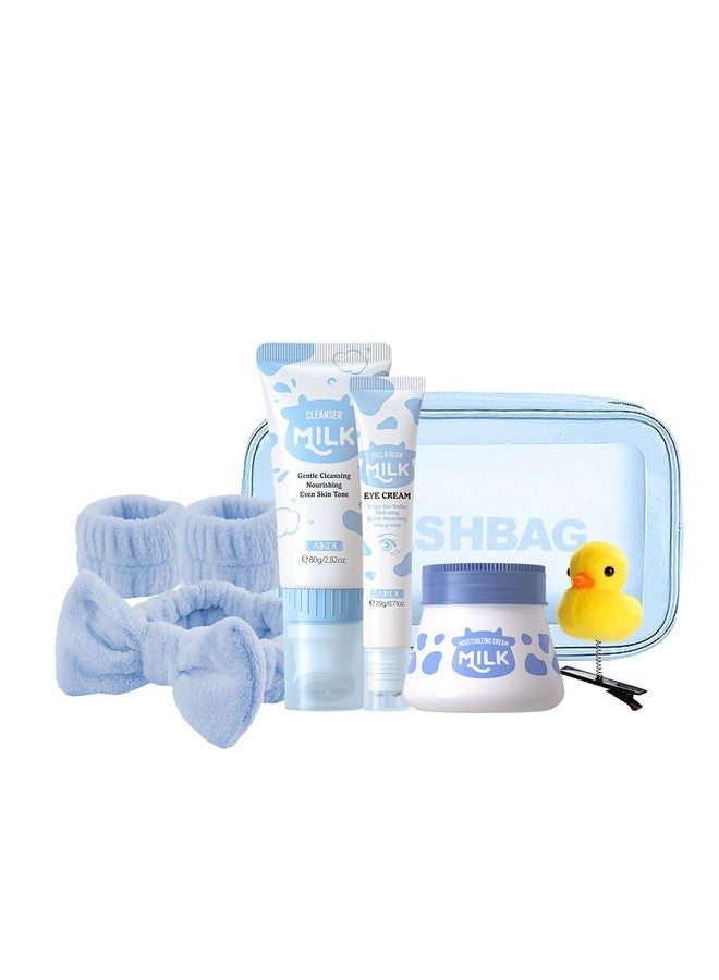 Laikou مجموعة العناية بالبشرة، مجموعة هدايا الجمال بالحليب، مجموعة العناية بالبشرة مع منظف، كريم نهاري، كريم ليلي، كريم للعين، مجموعة سفر للنساء، زوجة، أم، ابنة، ترطيب عميق، تنعيم، مقاسات 7 قطع - Image 1