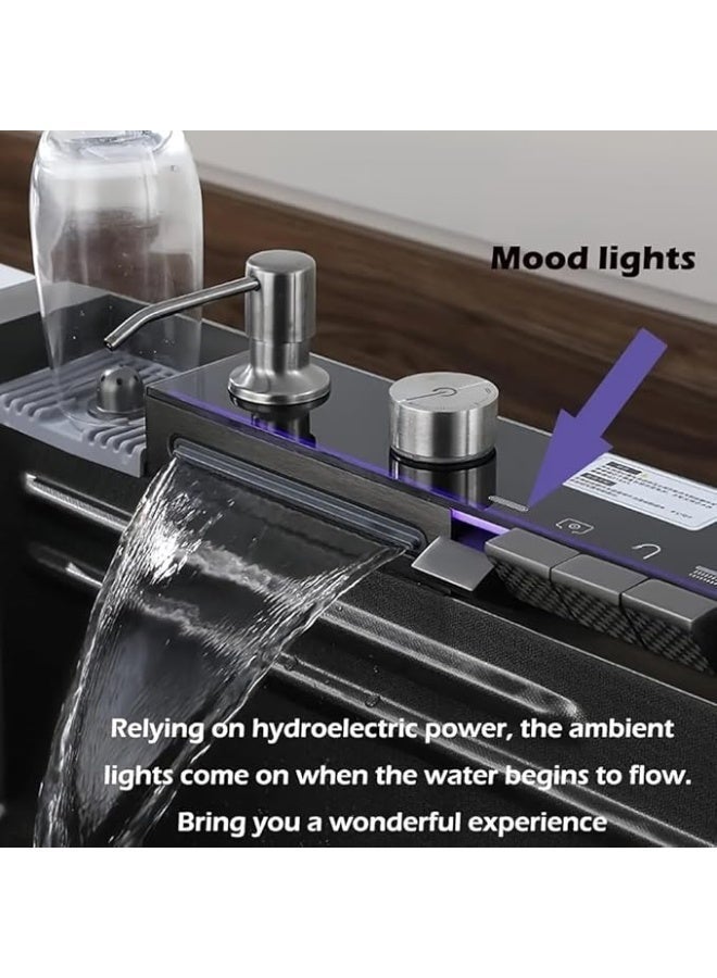 واي دي حوض مطبخ متعدد الوظائف مزود بصنبور شلال، وبخاخ قابل للسحب، وشاشة عرض رقمية لدرجة الحرارة، وحوض عمل من الفولاذ المقاوم للصدأ مع لوح تصريف، وغسالة أكواب، وموزع صابون. - Image 5