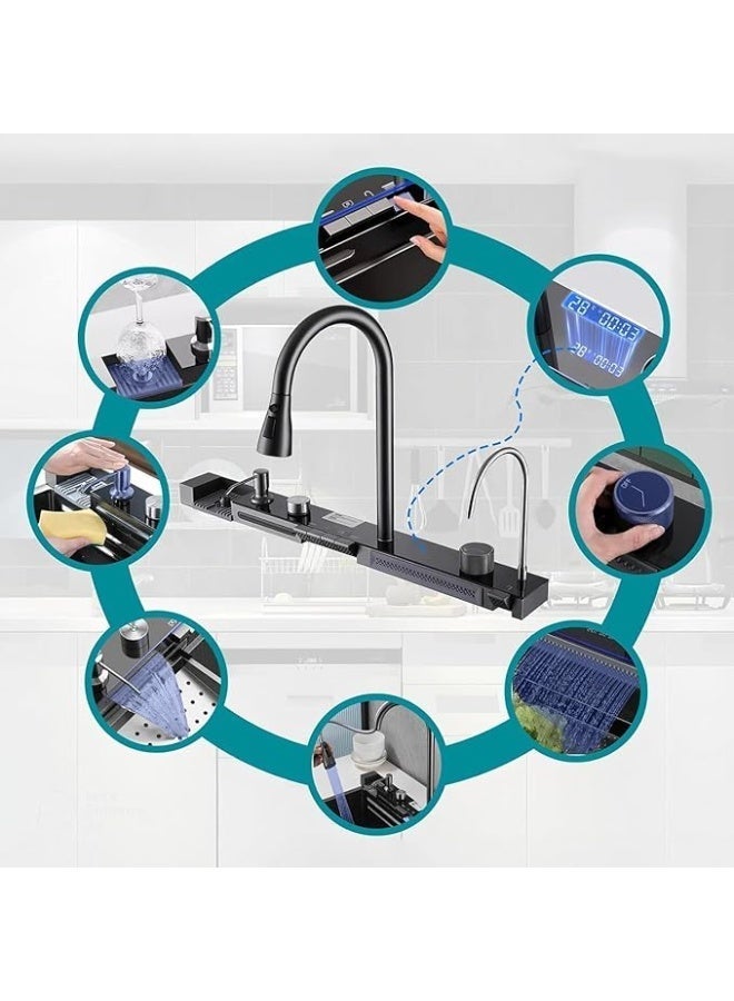 واي دي حوض مطبخ متعدد الوظائف مزود بصنبور شلال، وبخاخ قابل للسحب، وشاشة عرض رقمية لدرجة الحرارة، وحوض عمل من الفولاذ المقاوم للصدأ مع لوح تصريف، وغسالة أكواب، وموزع صابون. - Image 4