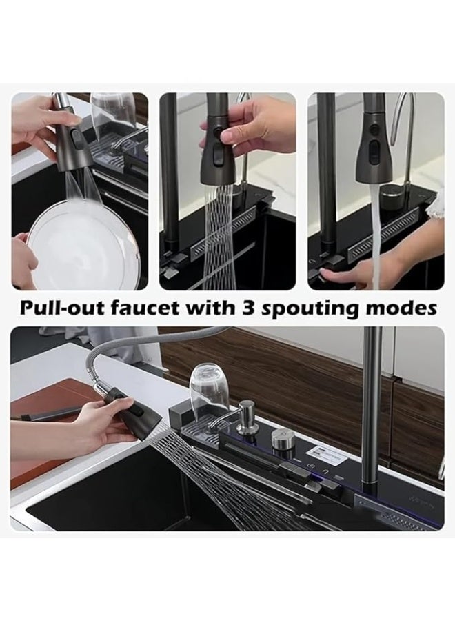 واي دي حوض مطبخ متعدد الوظائف مزود بصنبور شلال، وبخاخ قابل للسحب، وشاشة عرض رقمية لدرجة الحرارة، وحوض عمل من الفولاذ المقاوم للصدأ مع لوح تصريف، وغسالة أكواب، وموزع صابون. - Image 2