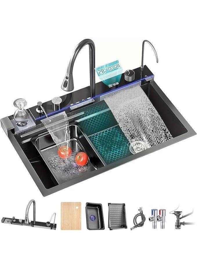 واي دي حوض مطبخ متعدد الوظائف مزود بصنبور شلال، وبخاخ قابل للسحب، وشاشة عرض رقمية لدرجة الحرارة، وحوض عمل من الفولاذ المقاوم للصدأ مع لوح تصريف، وغسالة أكواب، وموزع صابون. - Image 1