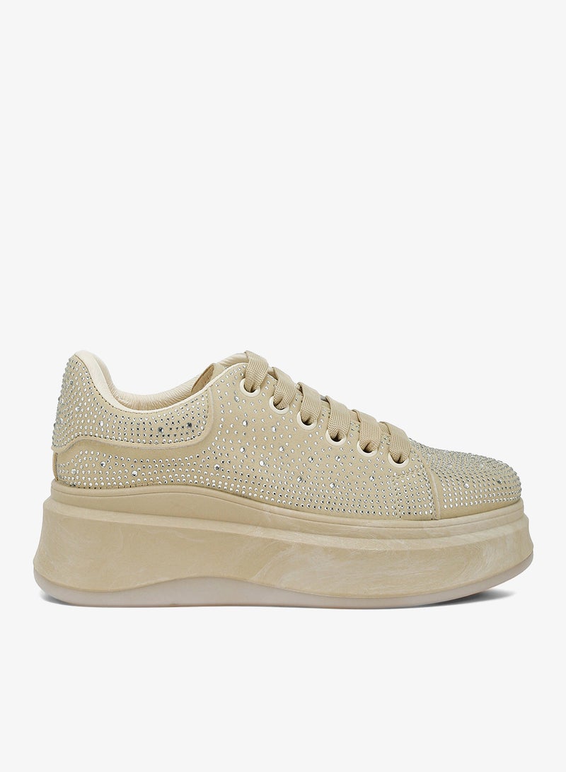 London Rag Rhinestones Embellished Chunky Sneakers in Beige - Image 1