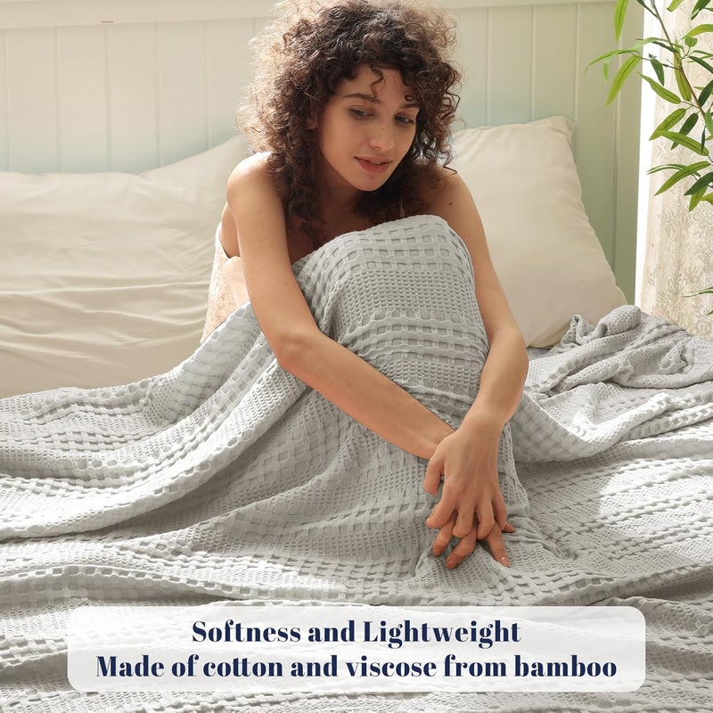 PHF بطانية ويفل من القطن البامبو، حجم ملكي (264 سم × 228 سم) للكنبة، السرير، مقاومة للتمزق لفصل الربيع والصيف، خفيفة الوزن وقابلة للتنفس، رمادي - Image 2