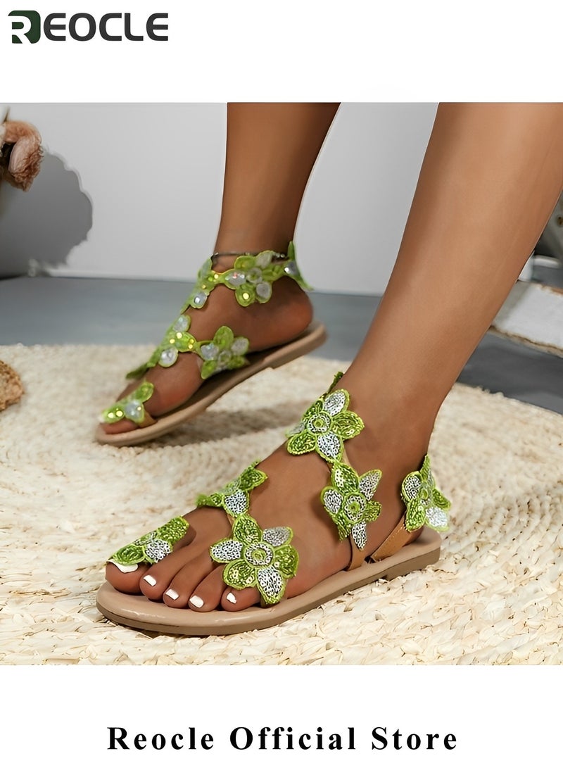 REOCLE Women's Sandals Flat Clip Toe Casual Lace Floral Beach Flip Flop Shoes Elegant Roman Sandals Comfy Shoes - Image 2